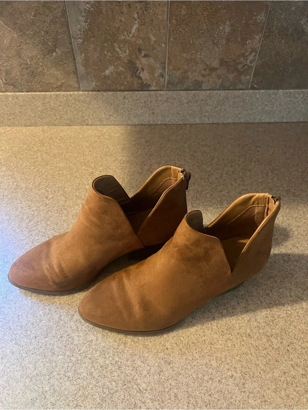 Women’s Tan Suede Ankle Booties with Low Block Heel…Size 7.5
